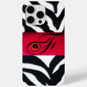 BLACK WHITE ZEBRA FUR  RED  GEM MONOGRAM, iPhone 15 PRO MAX CASE