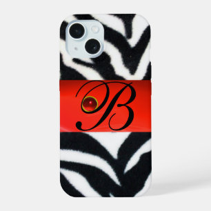 BLACK WHITE ZEBRA FUR RED GEM MONOGRAM, iPhone 15 CASE