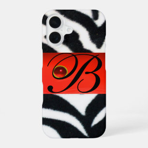 BLACK WHITE ZEBRA FUR RED GEM MONOGRAM, iPhone 16 CASE