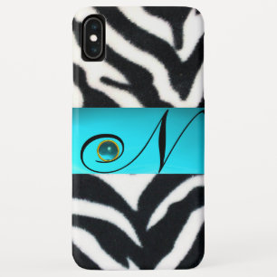BLACK WHITE ZEBRA FUR TEAL AQUA BLUE GEM MONOGRAM, Case-Mate iPhone CASE