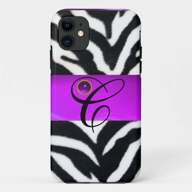 BLACK WHITE ZEBRA FUR VIOLET PURPLE GEM MONOGRAM, Case-Mate iPhone CASE (Back)