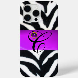 BLACK WHITE ZEBRA FUR VIOLET PURPLE GEM MONOGRAM, iPhone 15 PRO MAX CASE
