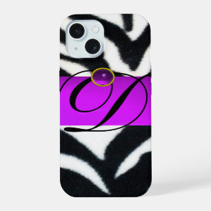 BLACK WHITE ZEBRA FUR VIOLET PURPLE GEM MONOGRAM, iPhone 15 CASE