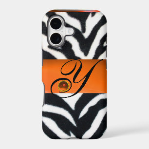 BLACK WHITE ZEBRA FUR YELLOW ORANGE GEM MONOGRAM,