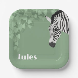 Black White Zebra Green Ivy add Name Paper Plate