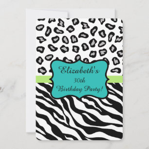 Black White Zebra Leopard Skin 30th Birthday Party Invitation