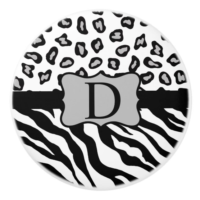 Black White Zebra Leopard Skin Monogram Ceramic Knob (Front)