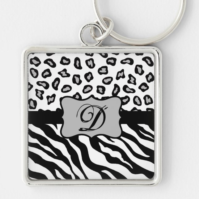 Black White Zebra Leopard Skin Monogram Key Ring (Front)