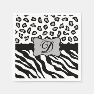 Black White Zebra Leopard Skin Monogram Napkin
