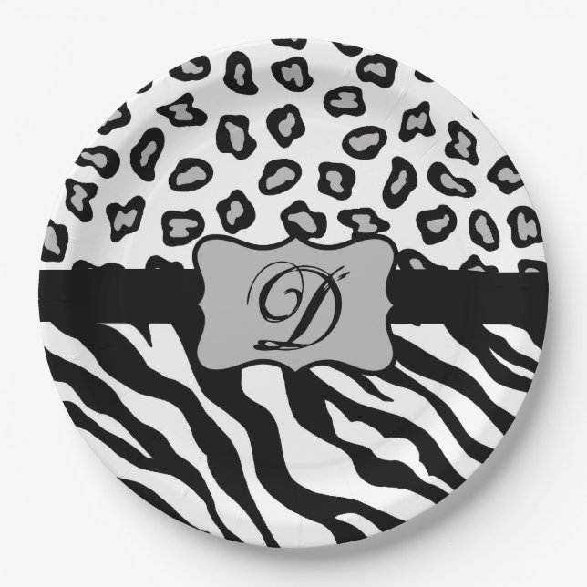 Black White Zebra Leopard Skin Monogram Paper Plate (Front)