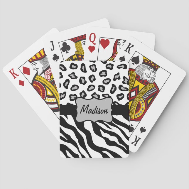 Black White Zebra Leopard Skin Monogram Playing Cards (Back)