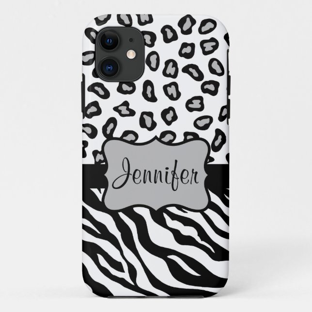 Black White Zebra Leopard Skin Name Personalised Case-Mate iPhone Case (Back)