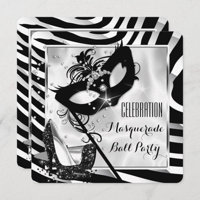 Black White Zebra Masquerade Ball Party 2 Invitation (Front/Back)
