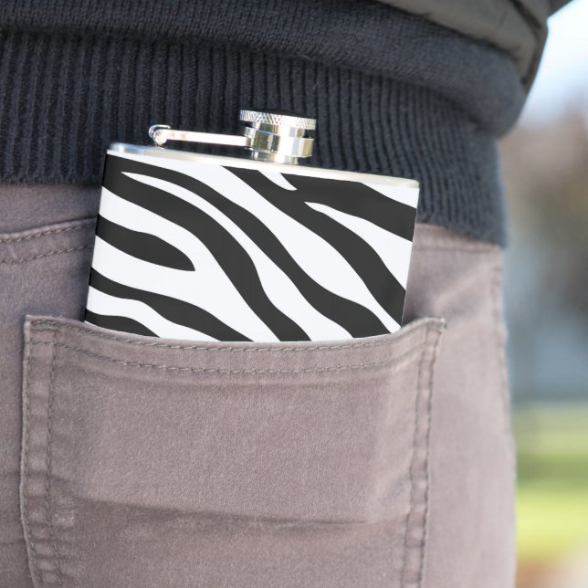 Black & White Zebra Pattern Safari Wrapped Hip Flask (In Situ)