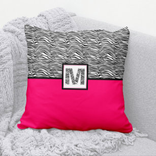 Black & White Zebra Print Monogram   Hot Pink Cushion