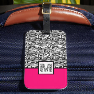 Black & White Zebra Print Monogram Hot Pink Luggage Tag