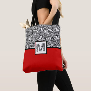 Black & White Zebra Print Monogram   Red Tote Bag