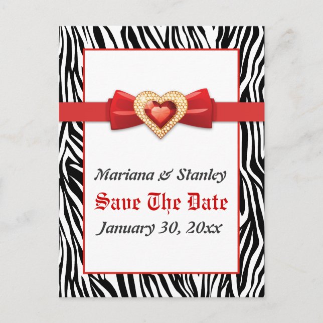 Black white zebra print, red jewel Save the Date Announcement Postcard (Front)