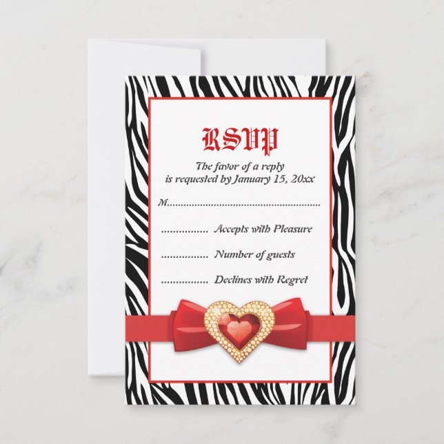 Black white zebra print & red jewel wedding RSVP Card (Front)