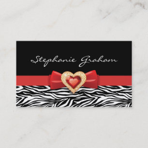 Black white zebra print with red bow and jewel business card