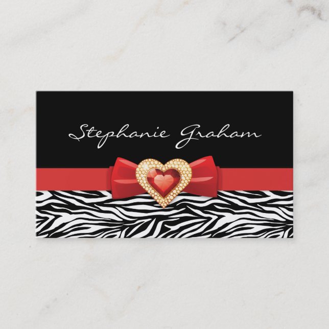 Black white zebra print with red bow and jewel business card (Front)