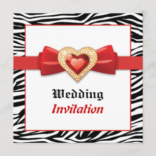 Black white zebra print with red jewel wedding invitation