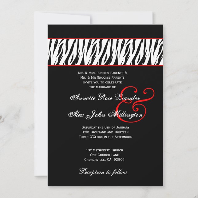Black White Zebra Red Accents Wedding Z002 Invitation (Front)