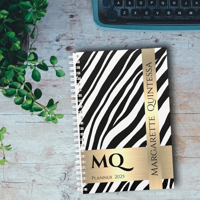 Black White Zebra Skin Gold Monogram Initials Name Planner (Creator Uploaded)