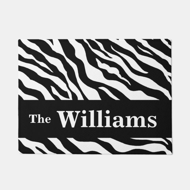 Black White Zebra Skin Pattern Name Personalised Doormat (Front)