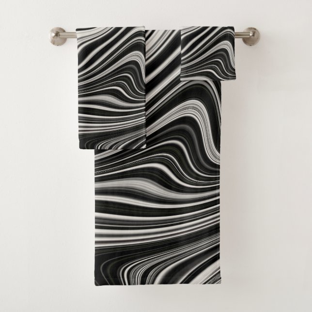 Black & White Zebra Wavy Abstraction Bath Towel Set (Insitu)