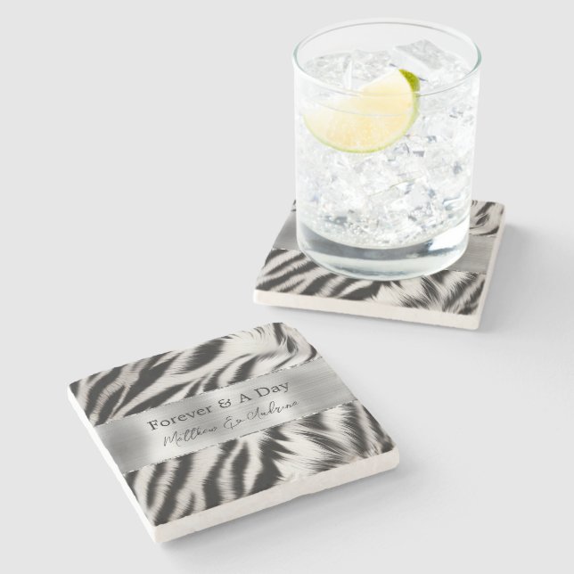 Black White Zebra Wedding Stone Coaster (Side)
