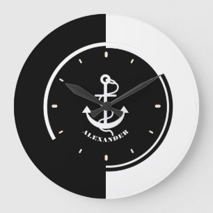 Black & WhiteGeometric Design With Boat Anchor Large Clock