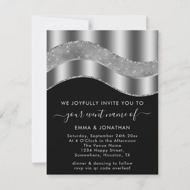 Black WhiteSilver Grey Border Glitter Wave QR Code (Front)