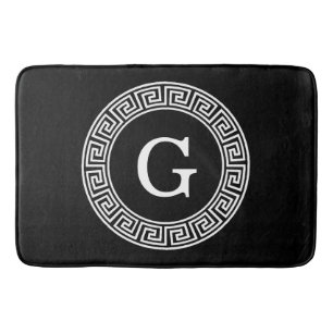 Black Wht Greek Key Rnd Frame Initial Monogram Bath Mat