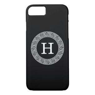 Black Wht Greek Key Rnd Frame Initial Monogram Case-Mate iPhone Case