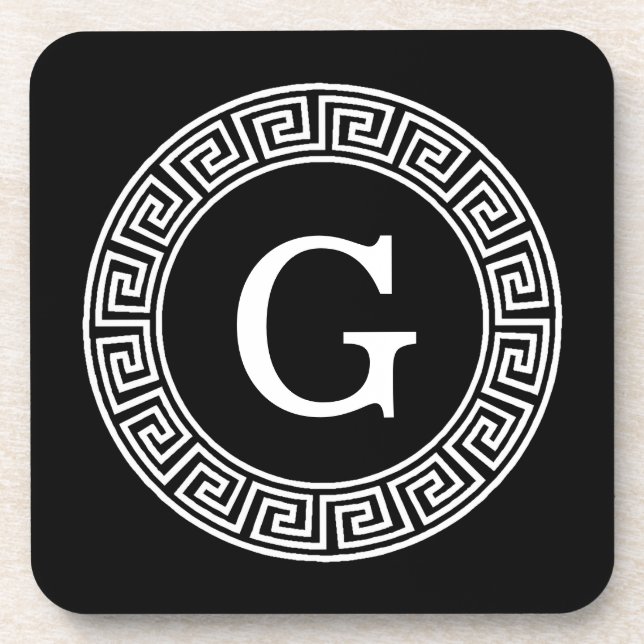 Black Wht Greek Key Rnd Frame Initial Monogram Coaster (Front)