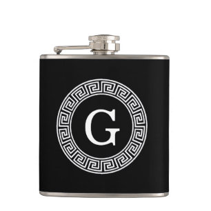 Black Wht Greek Key Rnd Frame Initial Monogram Hip Flask