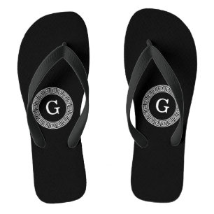 Black Wht Greek Key Rnd Frame Initial Monogram Jandals