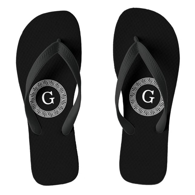 Black Wht Greek Key Rnd Frame Initial Monogram Jandals (Footbed)