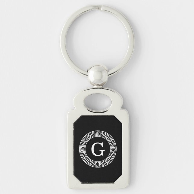 Black Wht Greek Key Rnd Frame Initial Monogram Key Ring (Front)