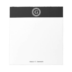 Black Wht Greek Key Rnd Frame Initial Monogram Notepad