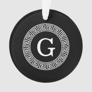Black Wht Greek Key Rnd Frame Initial Monogram Ornament