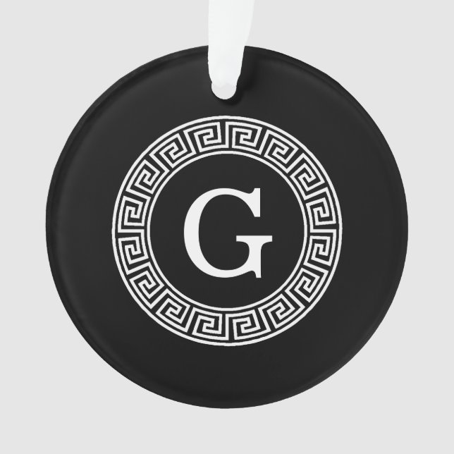 Black Wht Greek Key Rnd Frame Initial Monogram Ornament (Front)