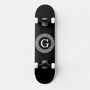 Black Wht Greek Key Rnd Frame Initial Monogram Skateboard