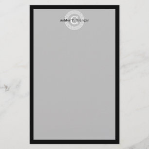 Black Wht Greek Key Rnd Frame Initial Monogram Stationery