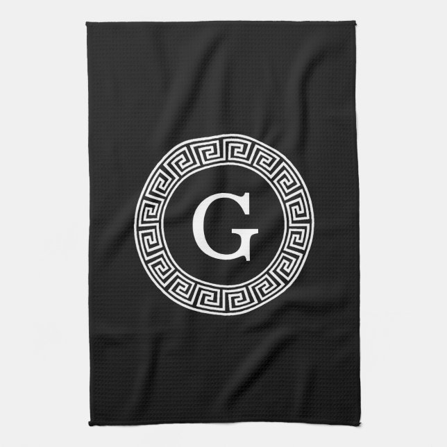 Black Wht Greek Key Rnd Frame Initial Monogram Tea Towel (Vertical)