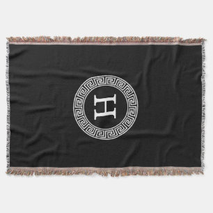 Black Wht Greek Key Rnd Frame Initial Monogram Throw Blanket