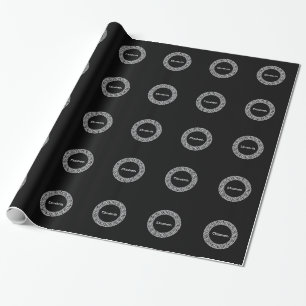 Black Wht Greek Key Rnd Frame Initial Monogram Wrapping Paper