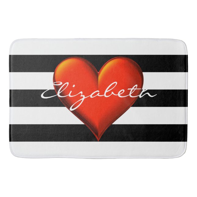 Black Wht Horiz Stripe Red Metallic Heart Monogram Bath Mat (Front)