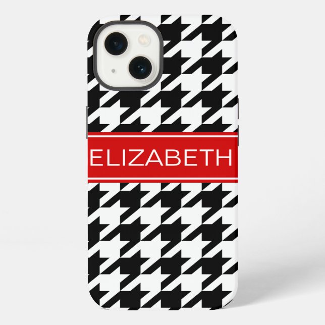 Black Wht Houndstooth #2 Red Name Monogram iPhone Case (Back)